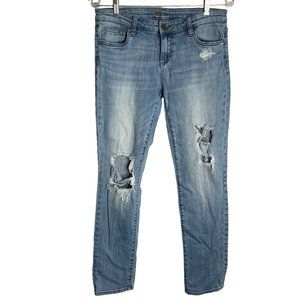 Kut from the Kloth Low Rise Distressed Jeans 4 Med Wash Cropped Straight Leg